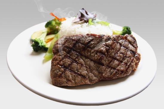 steak with rice and veggies